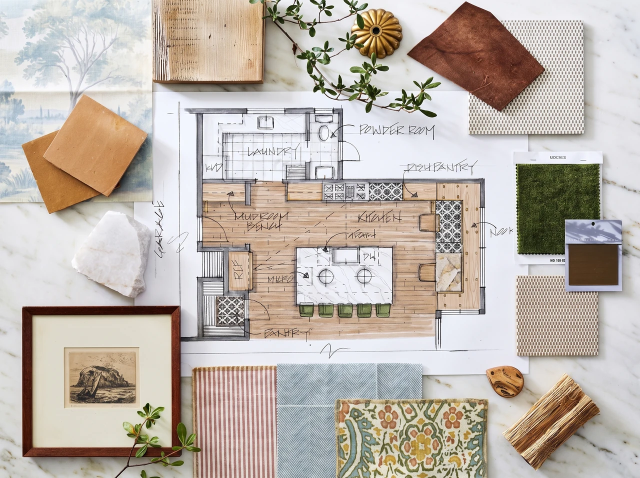 AI-generated material study showing a floor-plan visualization, textile and timber samples, foliage, and a framed print.