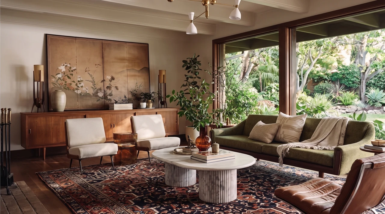 AI-generated living room with a green sofa, leather chairs, a patterned rug, and a broad garden window.