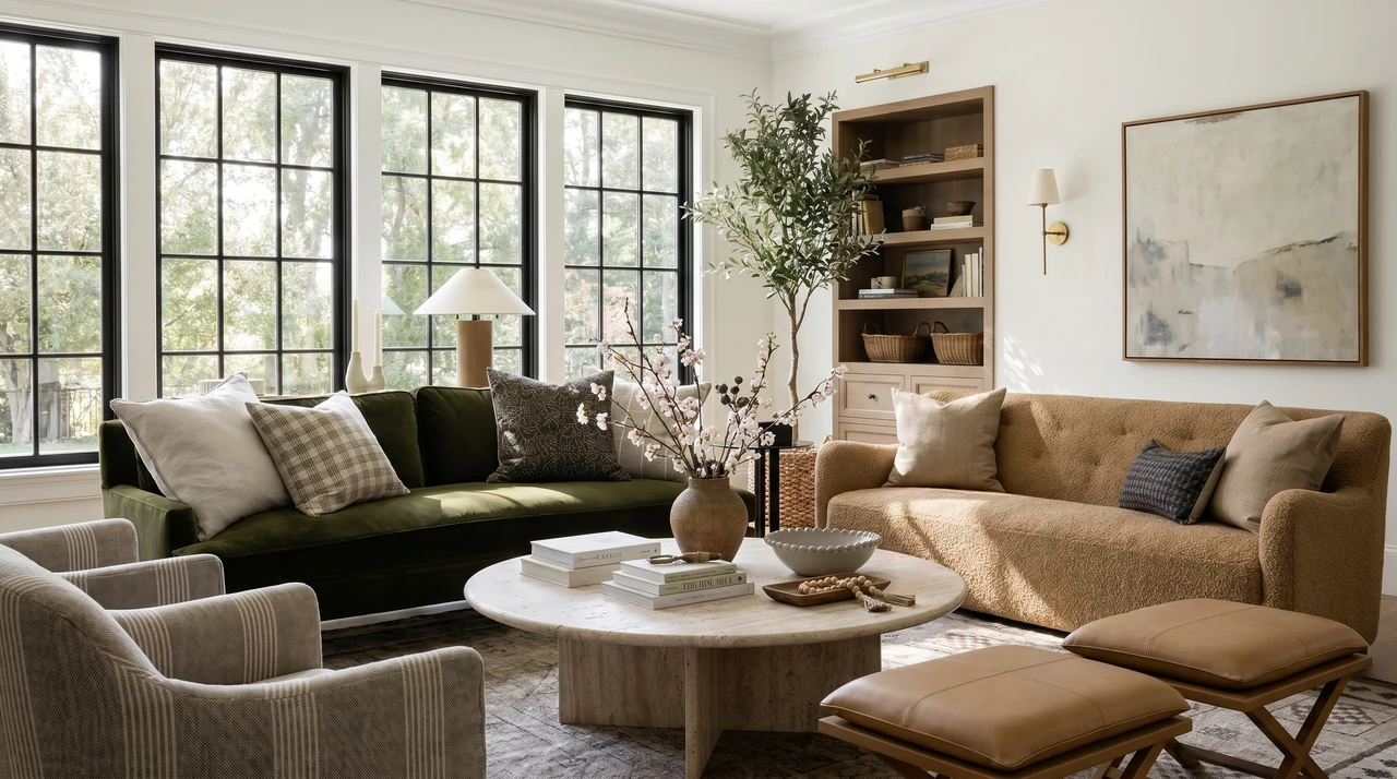 AI-generated living room with olive and taupe seating, a round stone table, and black-framed windows.