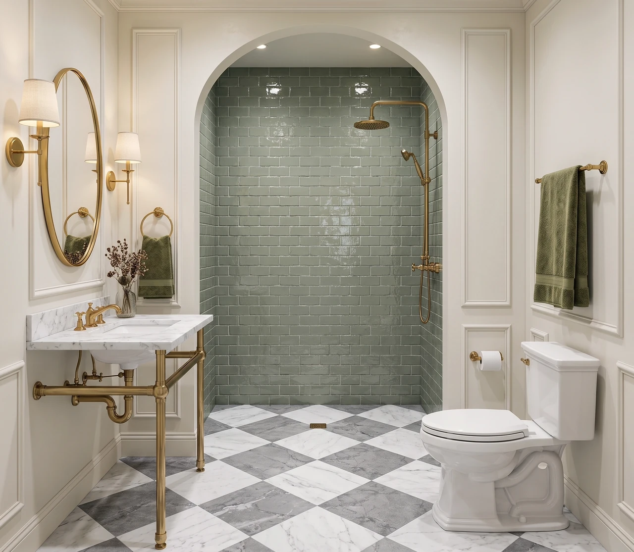 AI-generated bathroom with a sage-tiled arched shower, brass fittings, and a checked marble floor.