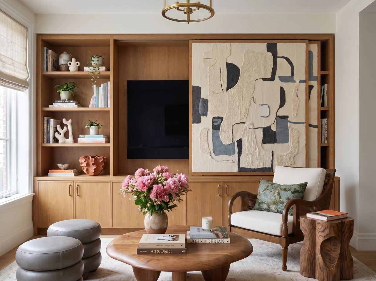 AI-generated living room with oak shelves, a large abstract artwork, sculptural stools, and pink flowers.