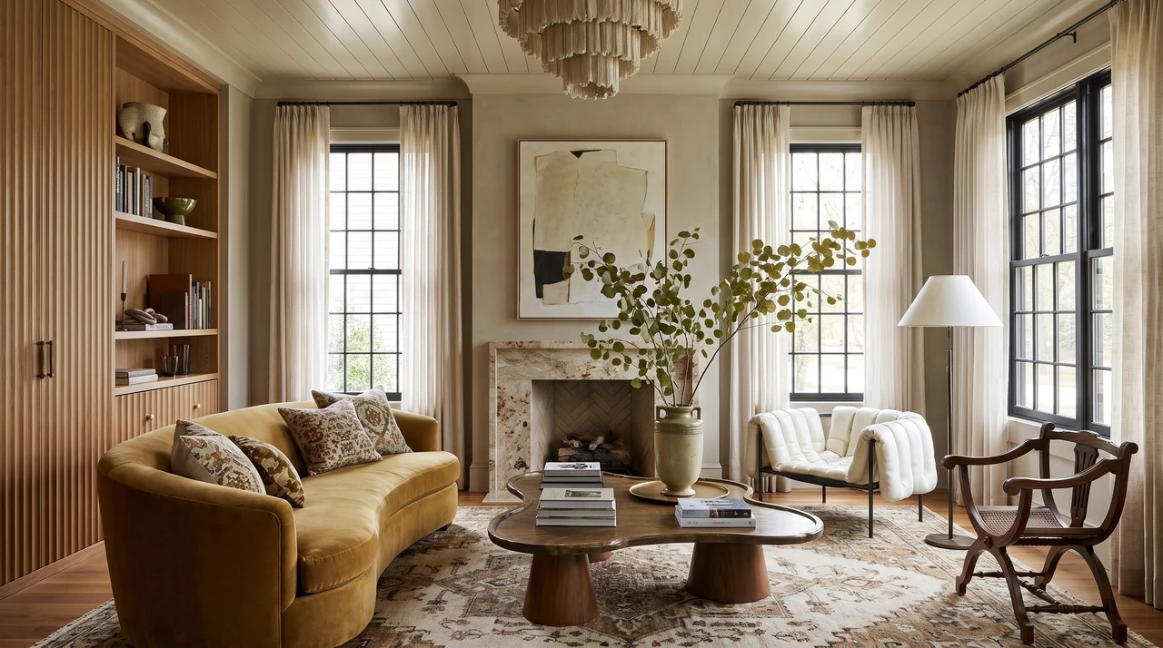 AI-generated living room with an olive sofa, oak shelving, tall black-framed windows, and a pale fireplace.