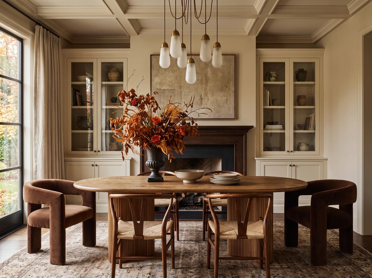 AI-generated dining room with a walnut table, rust-colored chairs, a fireplace, and sculptural pendants.