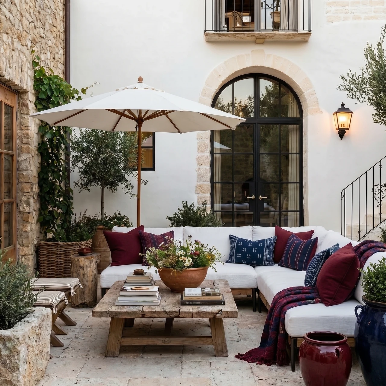 AI-generated courtyard with stone walls, an arched window, a white corner sofa, and blue and burgundy textiles.