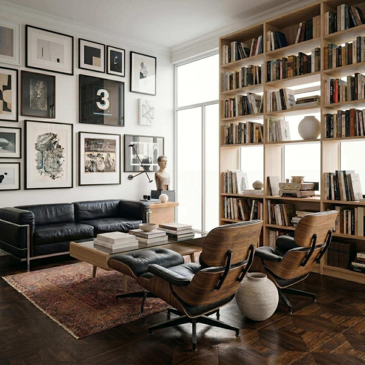 AI-generated library with tall bookshelves, a gallery wall, and black leather lounge chairs.