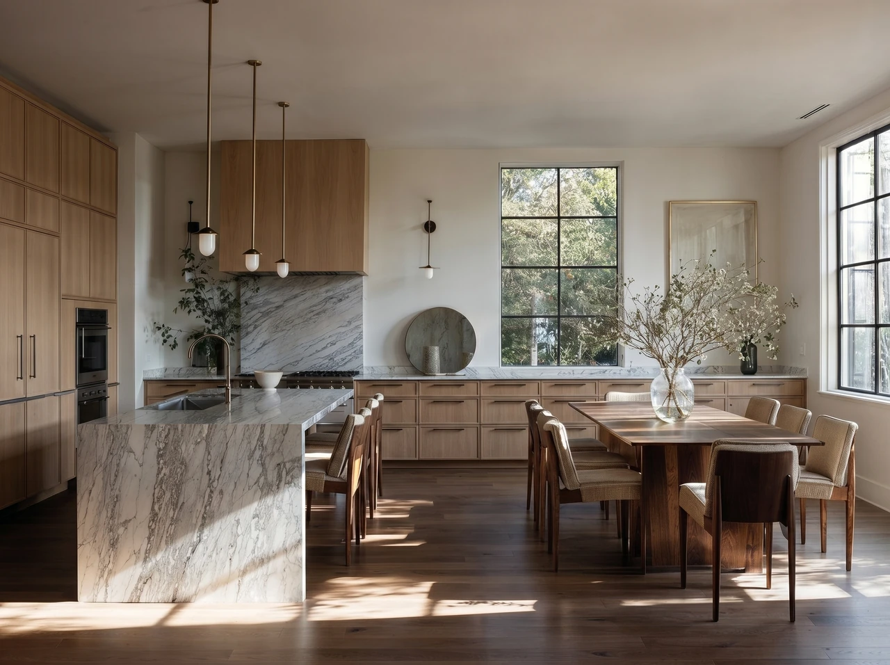 AI-generated kitchen and dining space with oak cabinetry, a veined stone island, and directional sunlight.