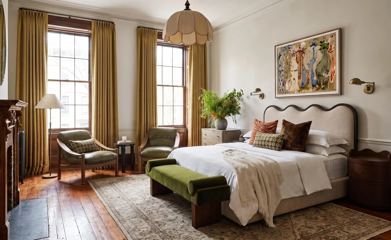 AI-generated bedroom with ochre curtains, a curved headboard, layered textiles, and an olive bench.