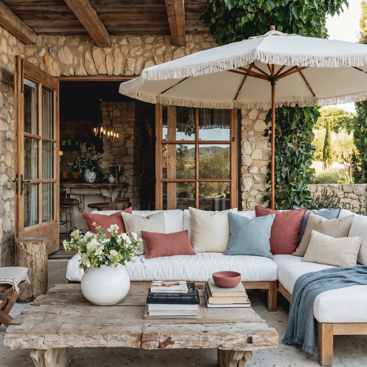 AI-generated stone terrace with white seating, blue and rose cushions, and a fringed white parasol.