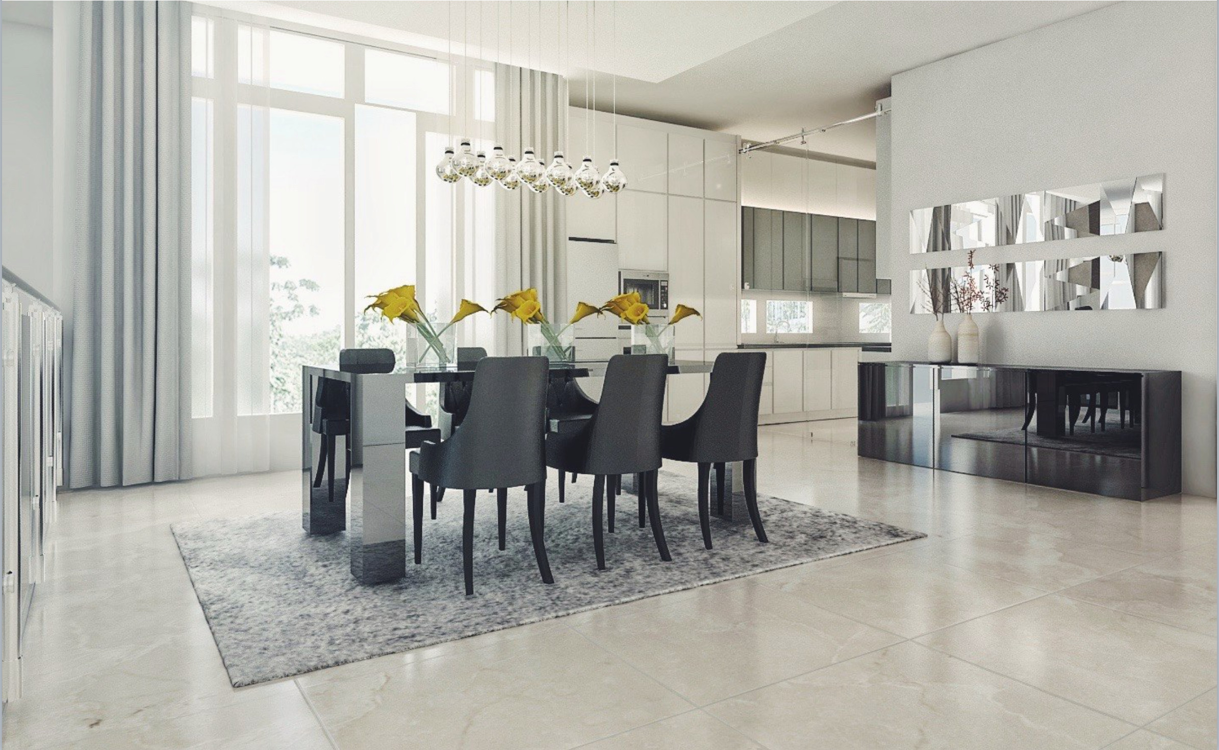 Clover Residence dining room rendering with a dark dining table, sculptural pendant lighting, mirrored wall details, and a view into the kitchen