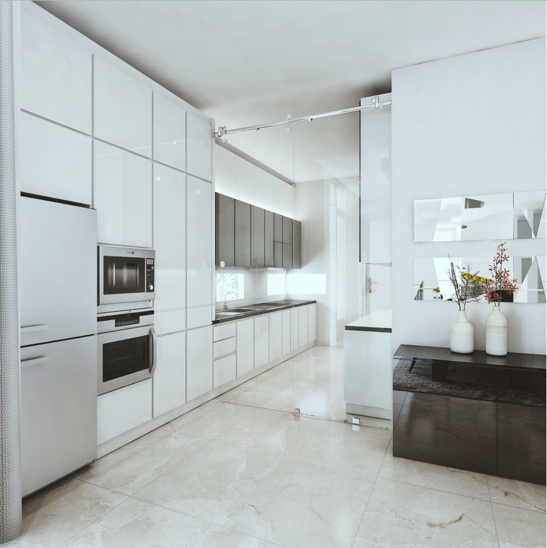 Clover Residence kitchen rendering with white cabinetry, stone flooring, and a sliding glass partition