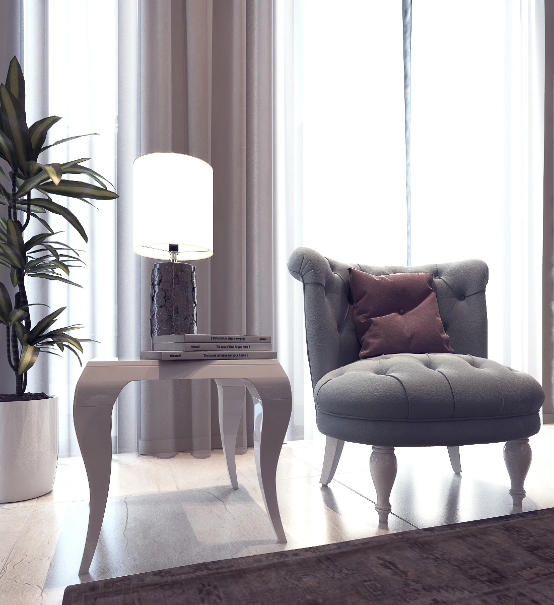 The Icon Residence chair detail, with a tufted gray chair, side table, lamp, and tall curtains