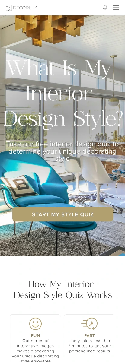 Decorilla style quiz landing, mobile Figma design by Joyce Elizabeth
