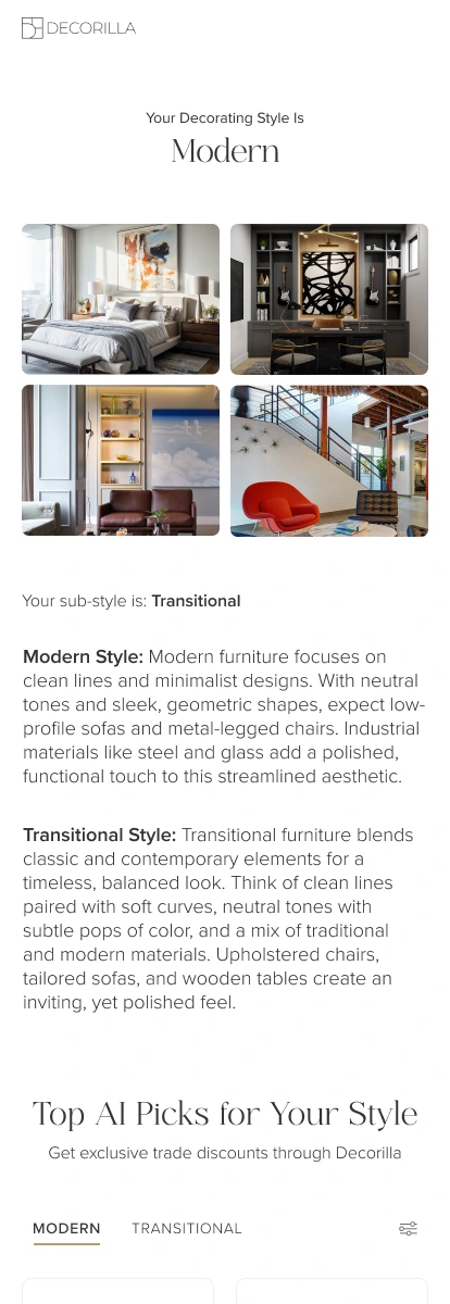 Decorilla Style quiz results, mobile Figma design by Joyce Elizabeth
