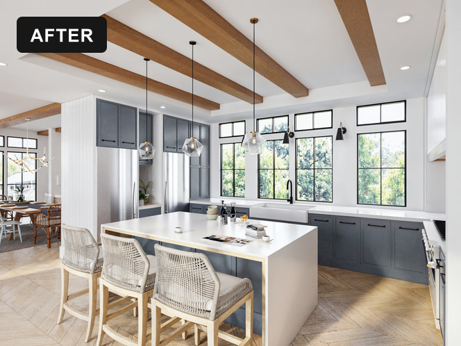 After: finished kitchen with slate cabinetry, white island, wood beams, and black-framed windows