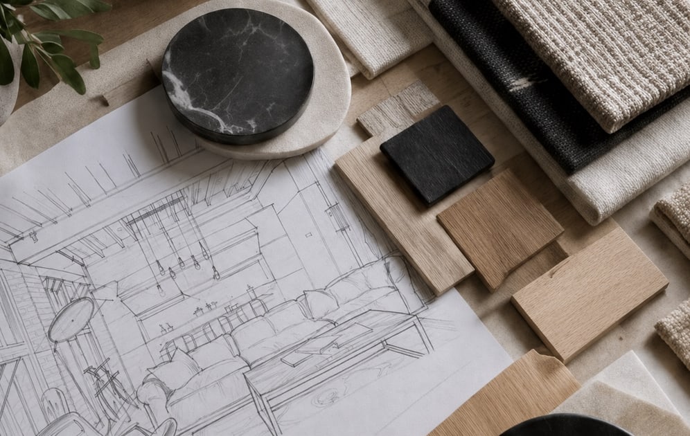 Interior plan surrounded by fabric, stone, and wood samples