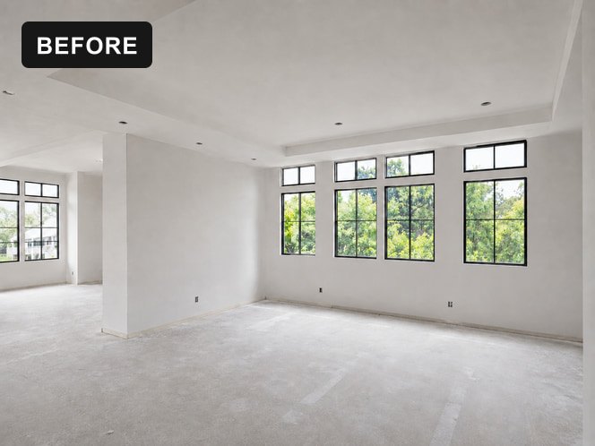 Before: empty open-plan room with black-framed windows