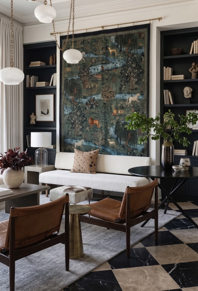 Layered living room with a woodland tapestry, dark built-ins, white sofa, and leather chairs