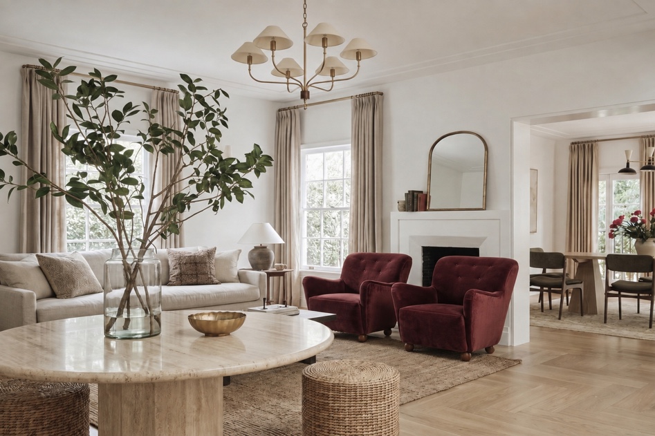 Bright living room with burgundy velvet chairs