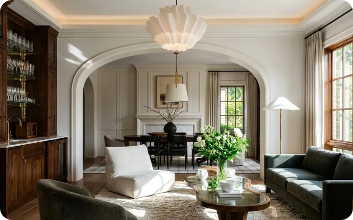 Sunlit living room with green seating, a white lounge chair, glass coffee table, and an arched opening to the dining area.