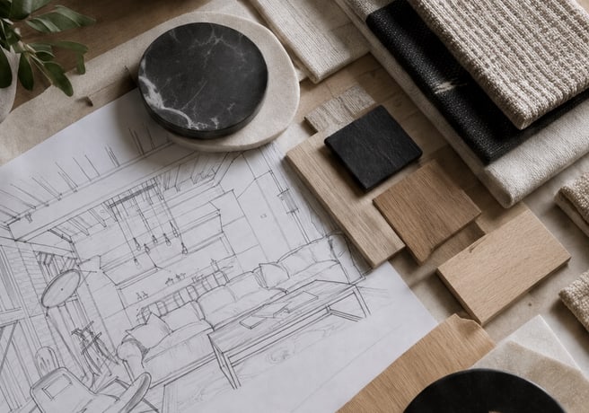 Interior plan surrounded by fabric, stone, and wood samples