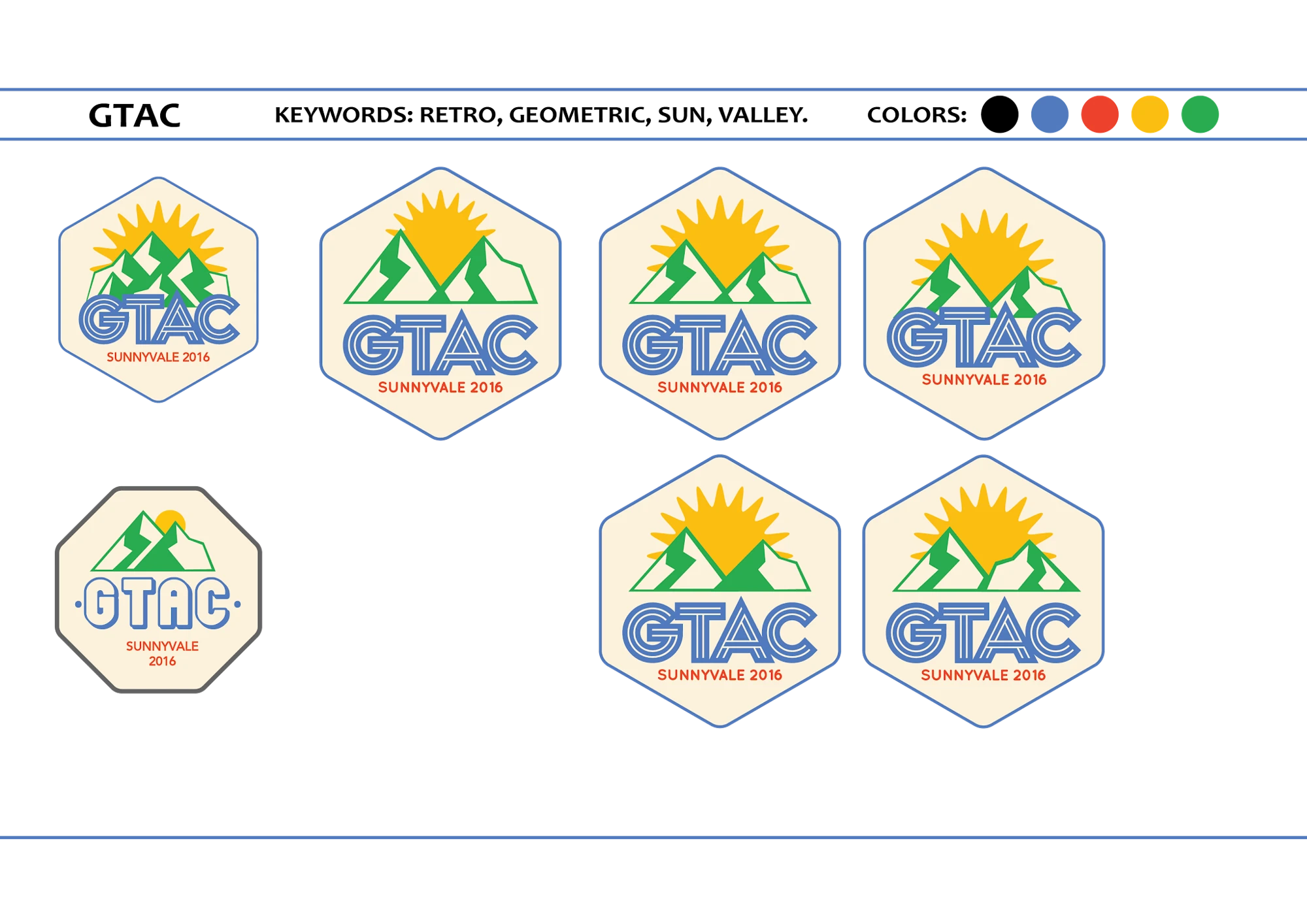 GTAC badge refinement sheet showing sun, mountain and lettering variations