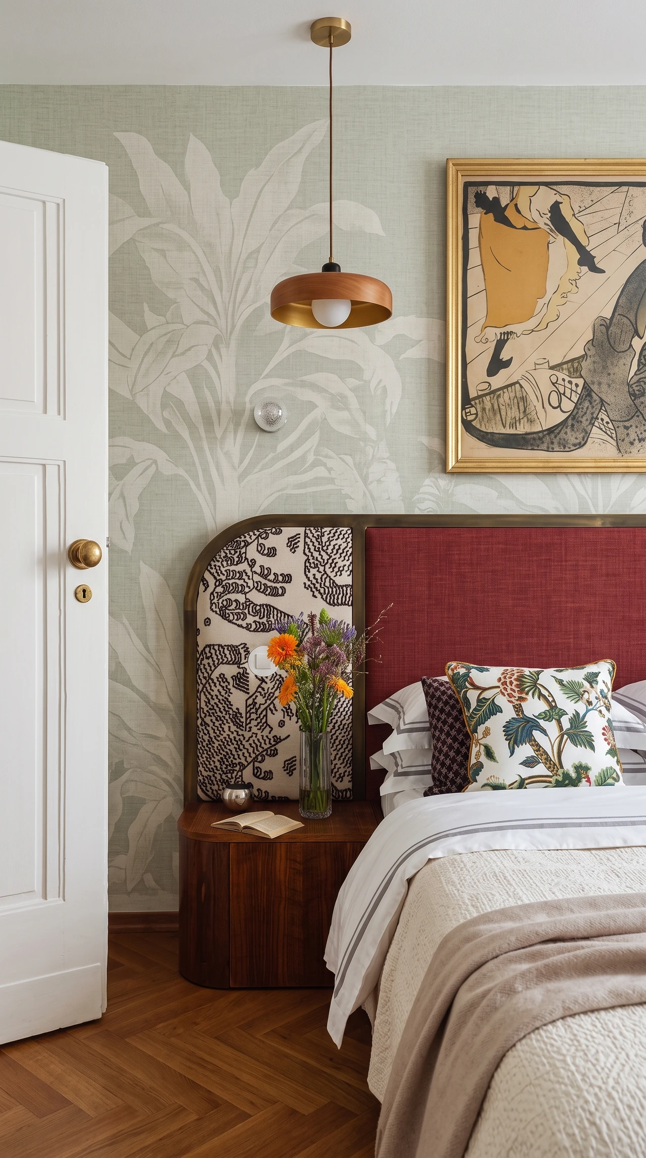 AI-generated bedroom study with botanical wallpaper and a red headboard