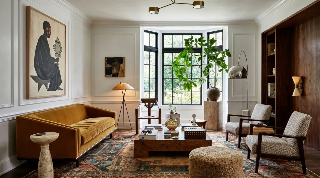 AI-generated living room study with ochre seating and a black-framed bay window