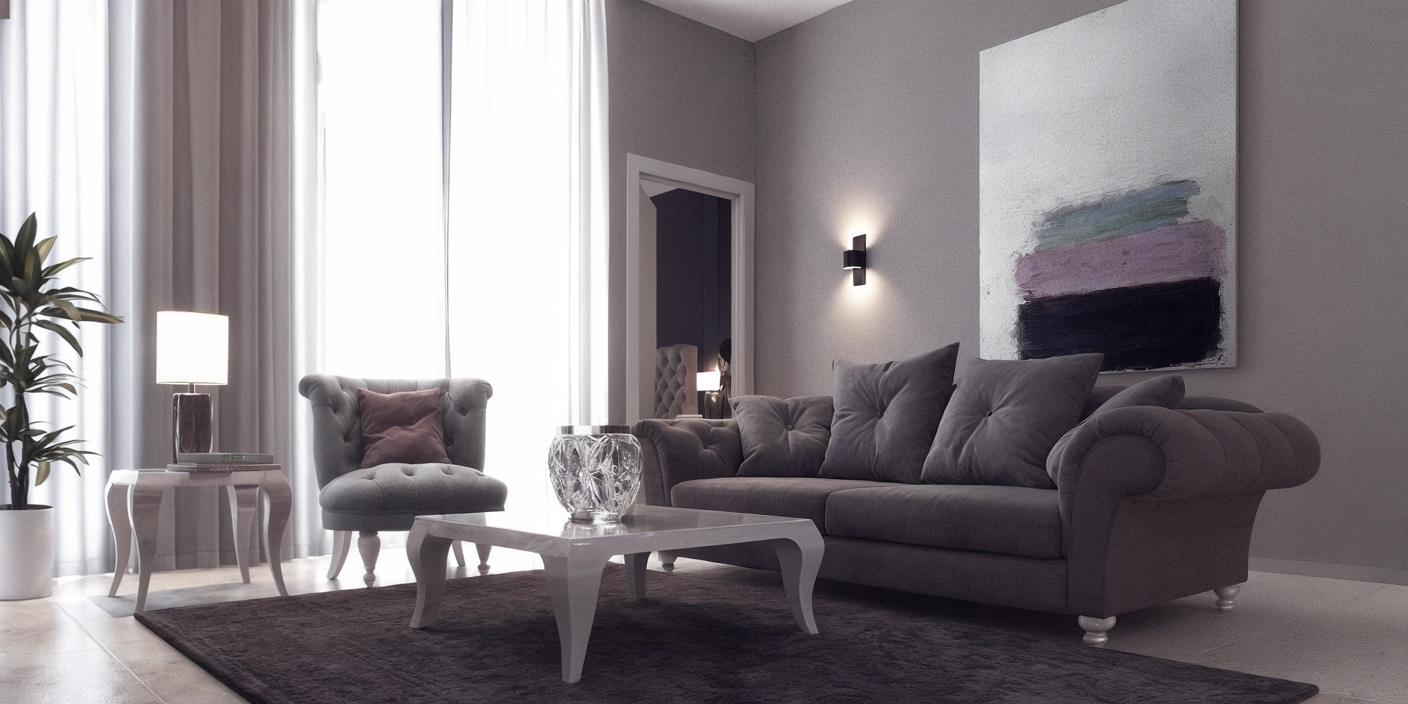 The Icon Residence living room concept with a tufted gray sofa and tall windows