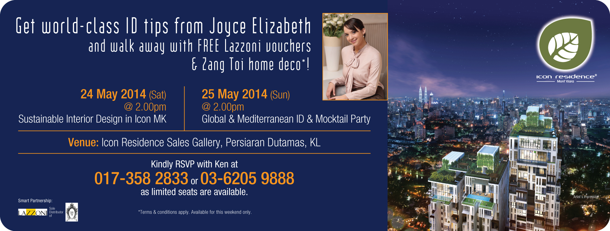 Original Icon Residence invitation naming Joyce Elizabeth and advertising her sustainable and Global & Mediterranean interior design talks on 24 and 25 May 2014