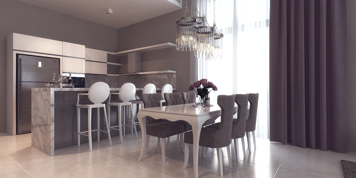 The Icon Residence dining and kitchen visualization featuring Joyce Elizabeth Collection furniture