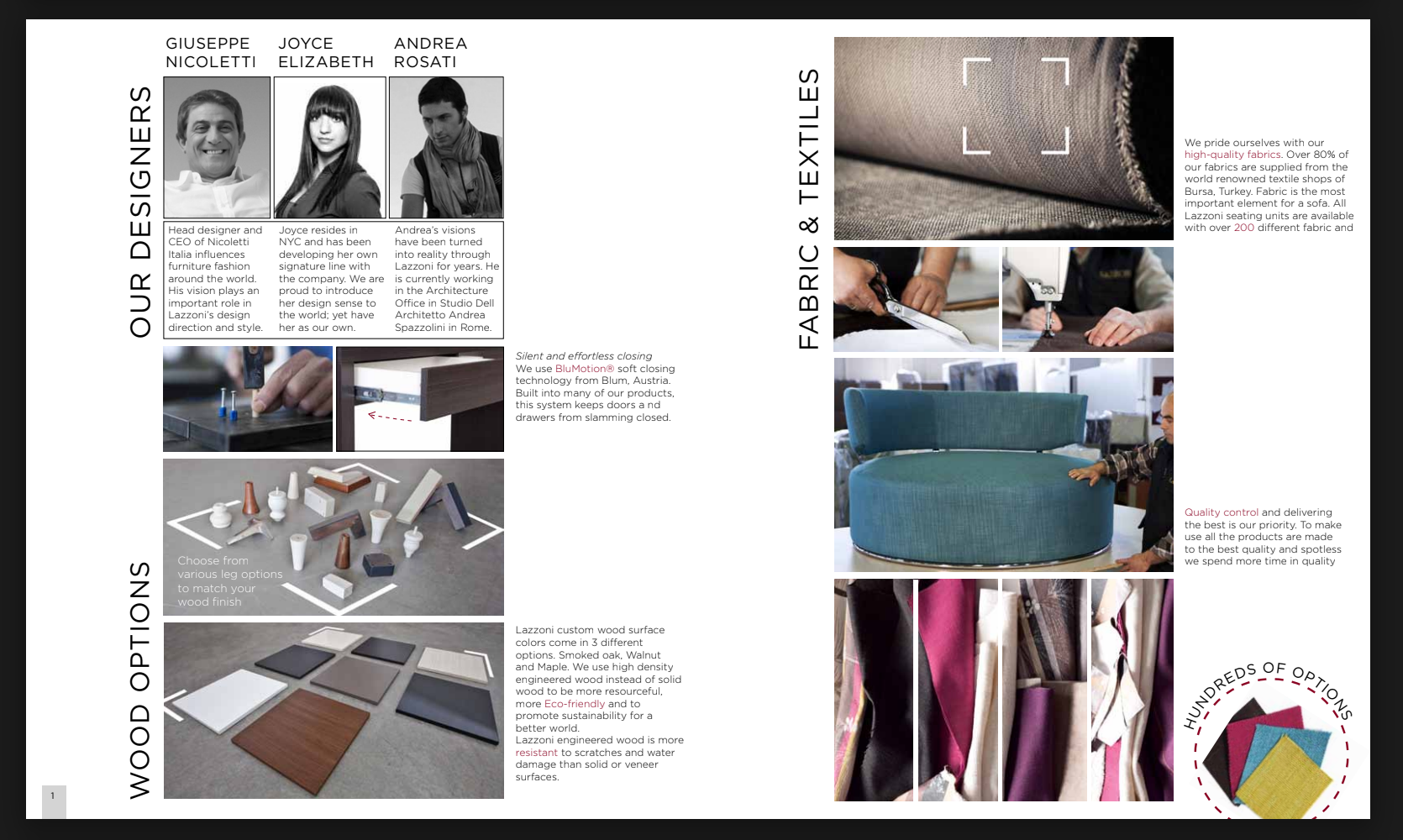 Complete Lazzoni double-page catalog spread, including all three featured designers and the fabric and textiles page.