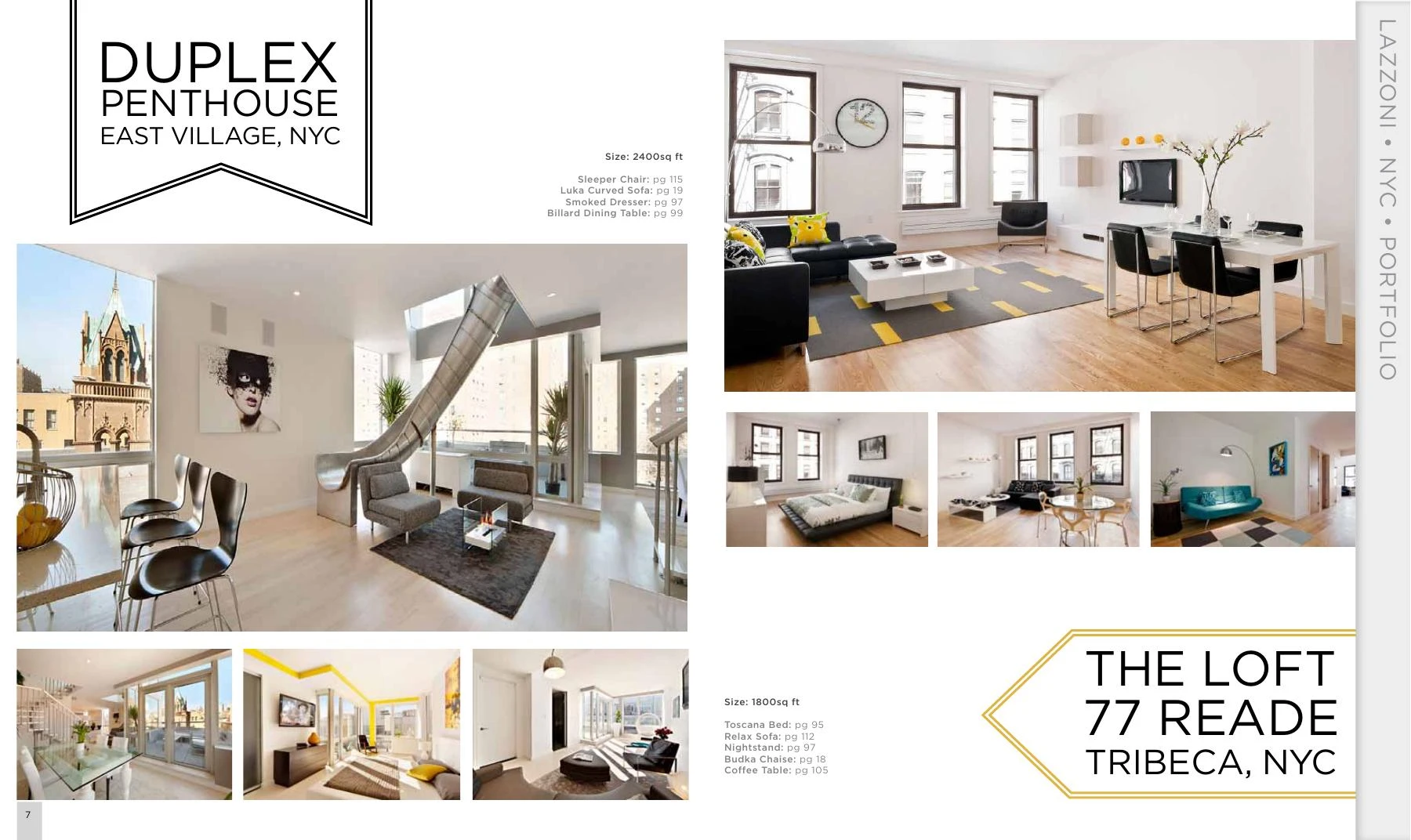 Lazzoni catalog spread featuring the East Village Penthouse and Tribeca interiors