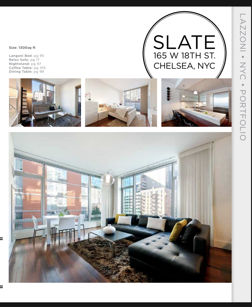 Lazzoni catalog page featuring Joyce Elizabeth’s interior design for Slate in Chelsea, New York.