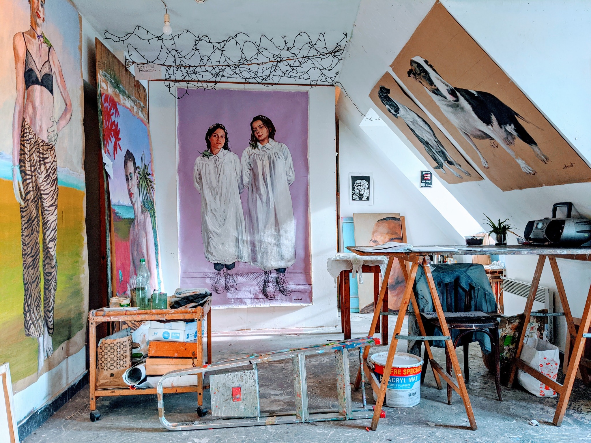 An artist’s studio filled with paintings at 59 Rivoli in Paris.