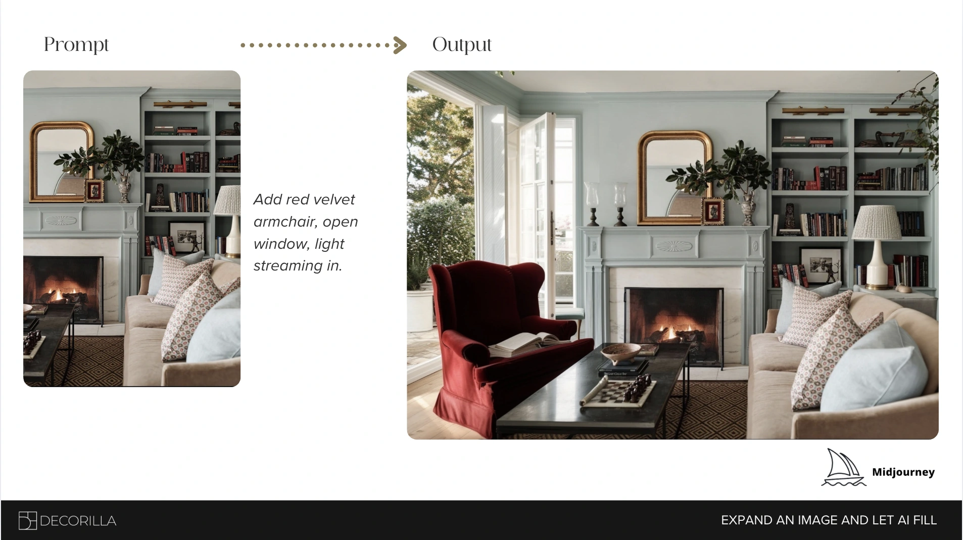 Presentation excerpt showing a room image expanded with a red velvet chair and an open window.