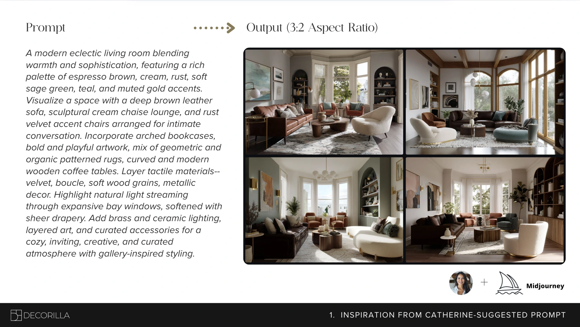 Presentation excerpt comparing a Catherine-suggested living-room prompt with four Midjourney outputs.