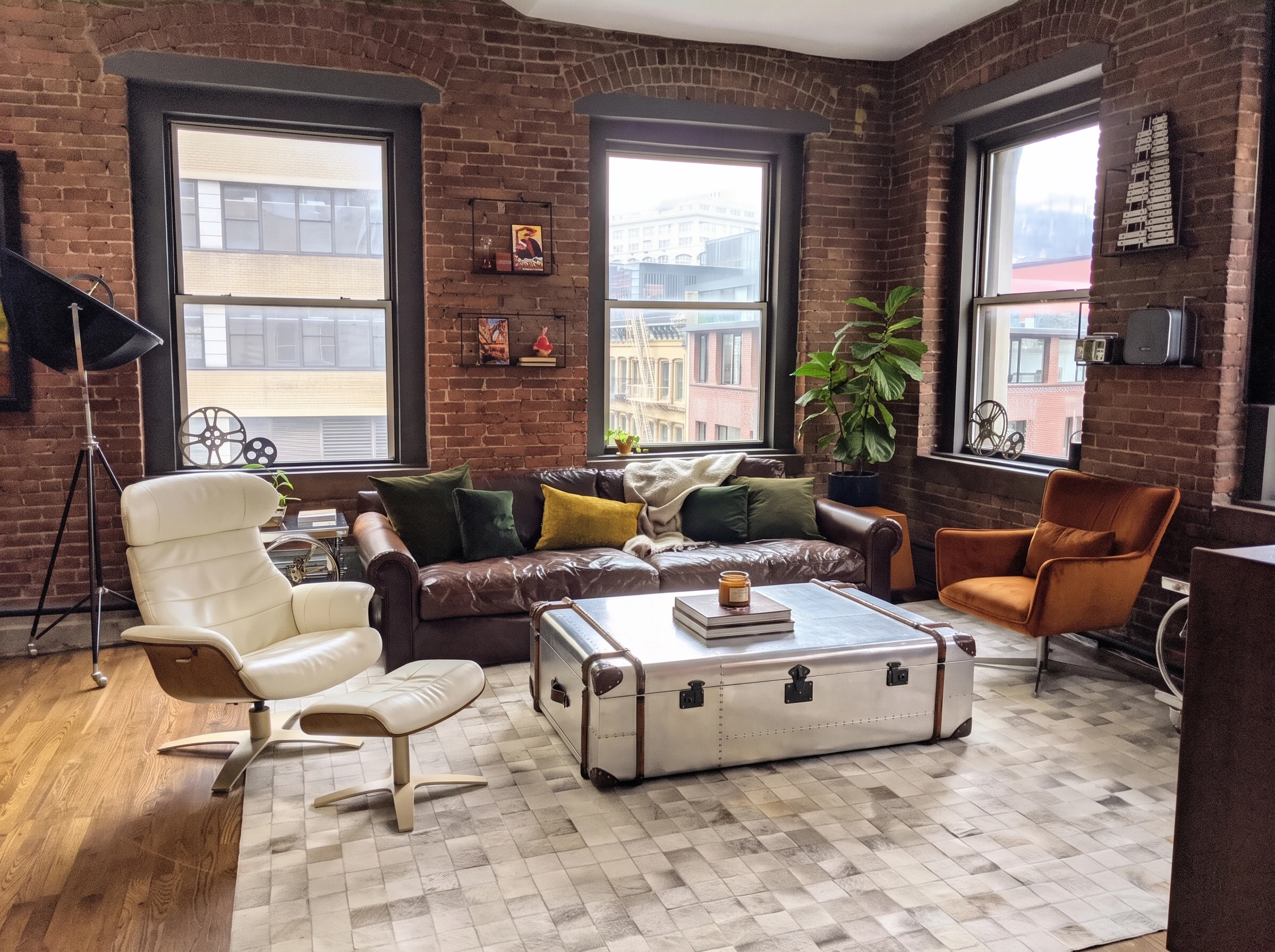 Tribeca Penthouse living room with brick walls and leather sofa